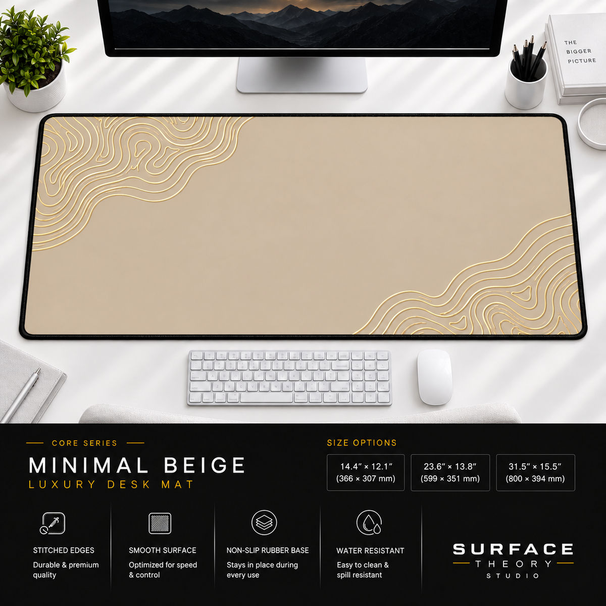 Minimal Beige desk mat beneath a monitor on a bright desk with a white keyboard and mouse.