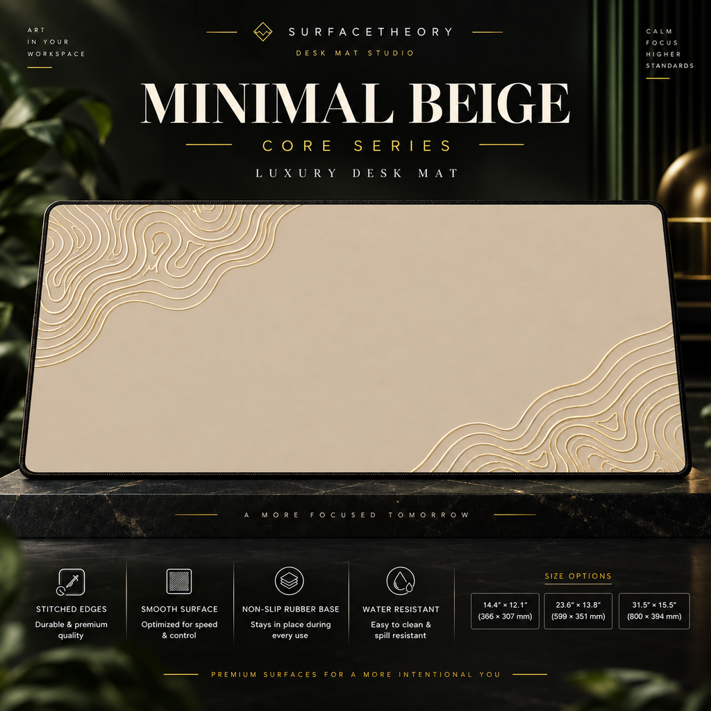 Minimal Beige desk mat on a stone display with size and product-detail information.