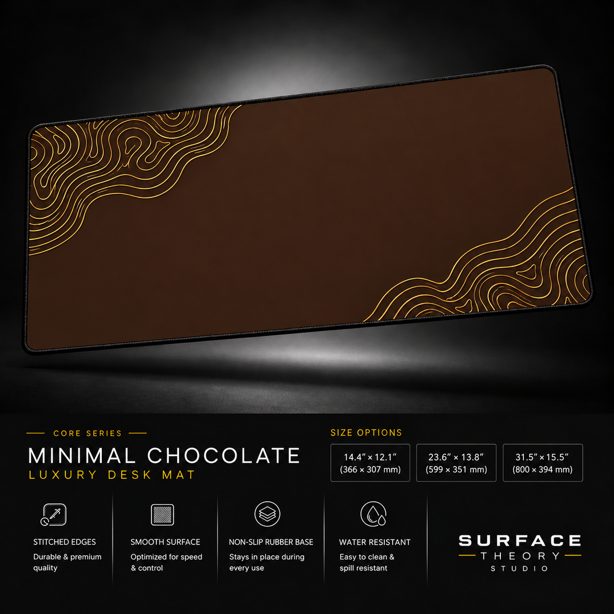 Minimal Chocolate desk mat floating against a dark studio background.