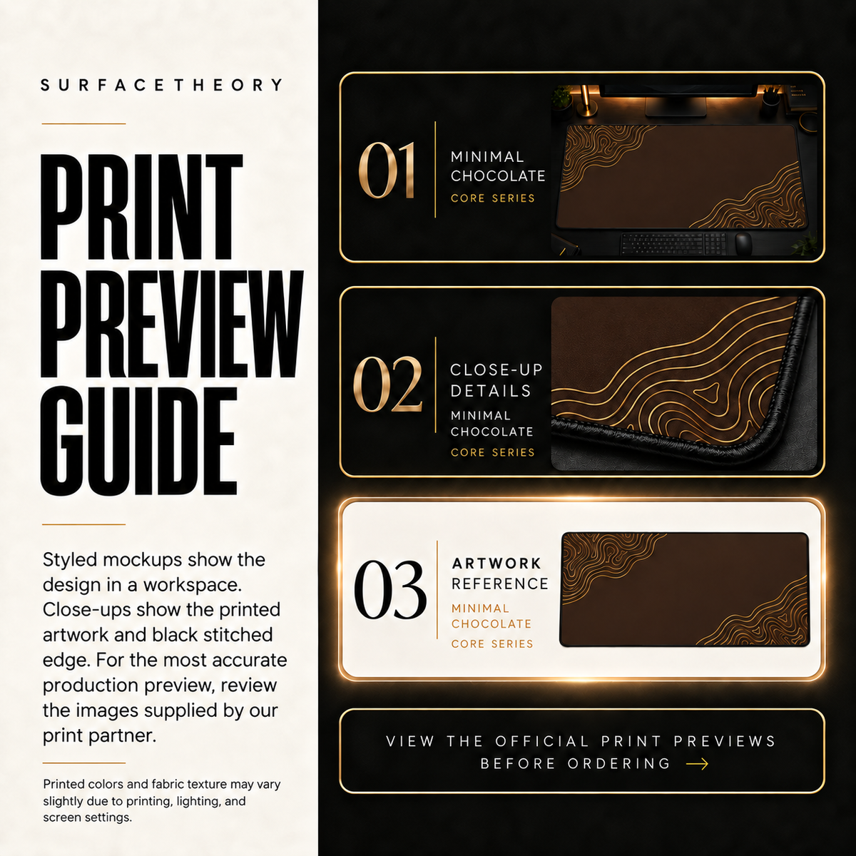 Minimal Chocolate print preview guide comparing styled mockups, printed detail and artwork reference.