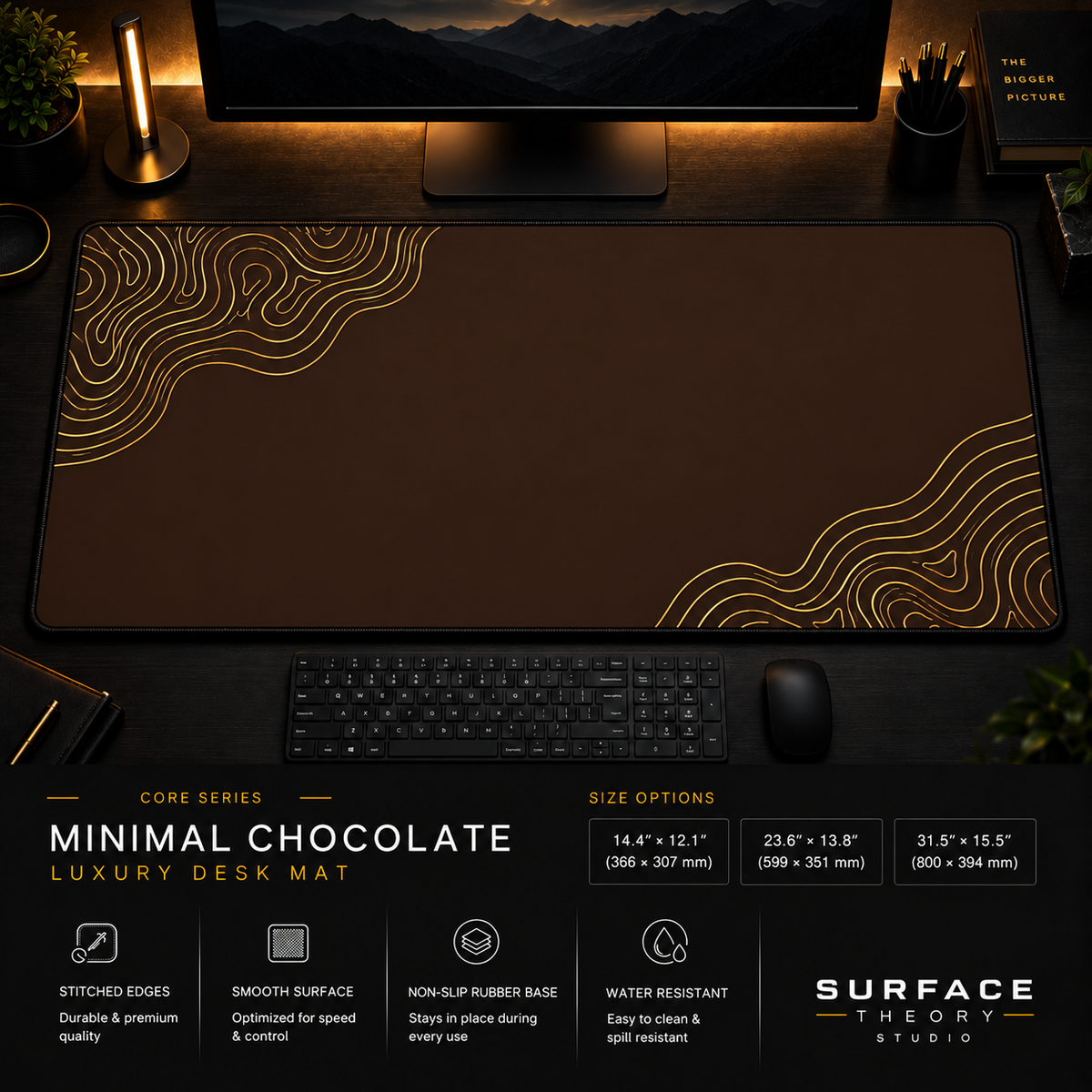 Minimal Chocolate desk mat in a dark workstation with a keyboard, mouse and warm monitor lighting.