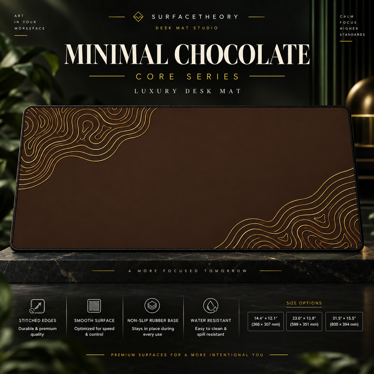 Minimal Chocolate desk mat on a stone display with size and product-detail information.