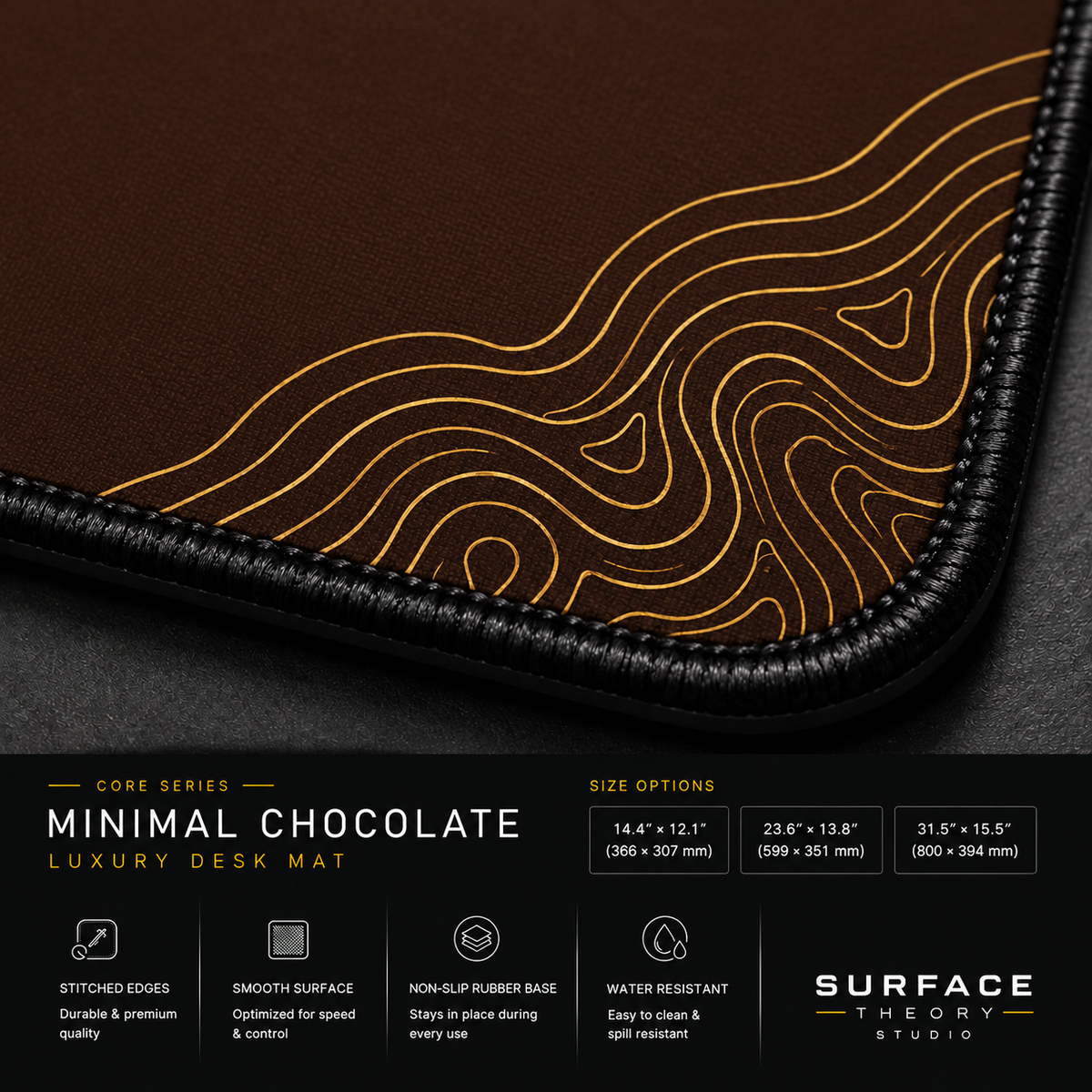 Close-up of Minimal Chocolate's printed contour lines, fabric surface and black stitched corner.