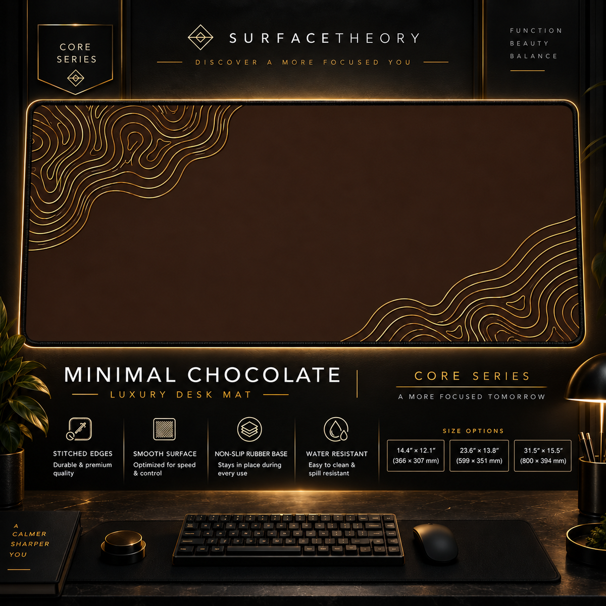 Minimal Chocolate desk mat in a gold-toned display frame above a keyboard.