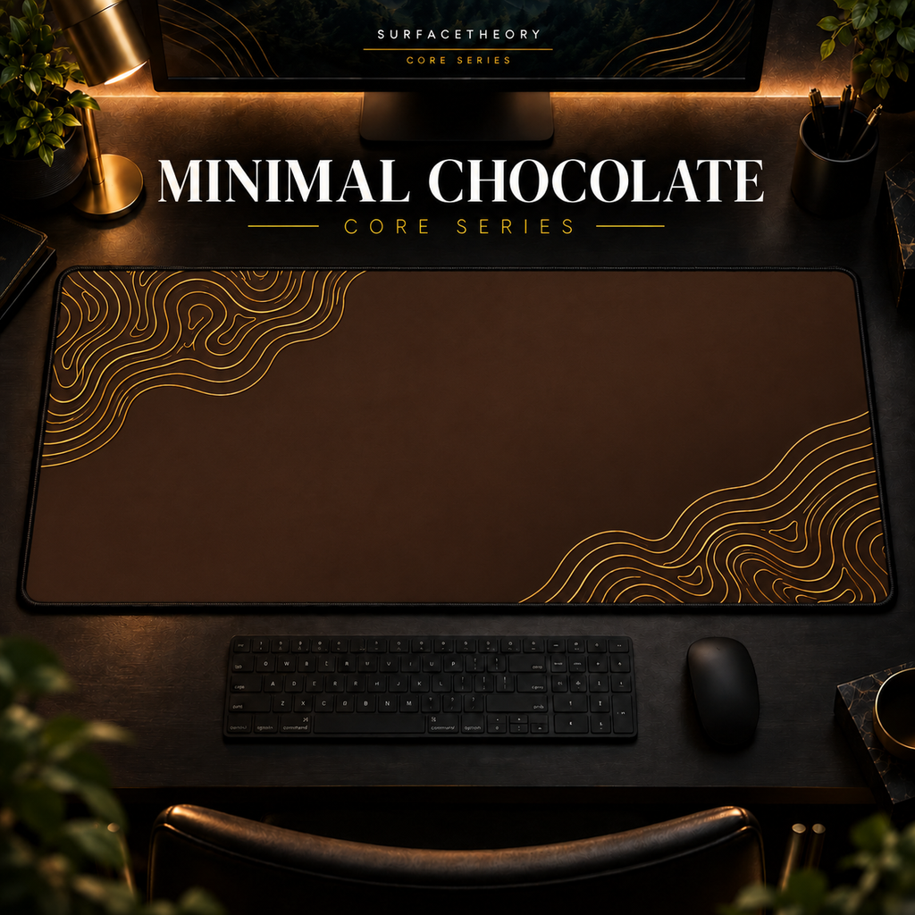 Minimal Chocolate desk mat with gold-toned contour lines on chocolate brown, shown in a warm, dark desk setup.