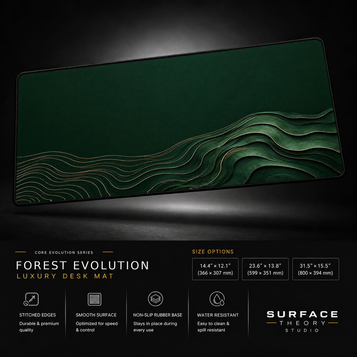 Forest Evolution desk mat floating against a dark studio background.
