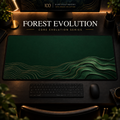 Forest Evolution desk mat, deep forest green with gold-toned contours widening into layered curves, in a warm, dark workspace.
