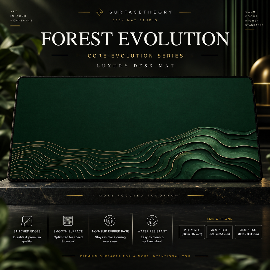 Forest Evolution desk mat on a studio display with size and product information.