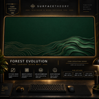 Forest Evolution desk mat in a gold-toned showcase frame above a keyboard.