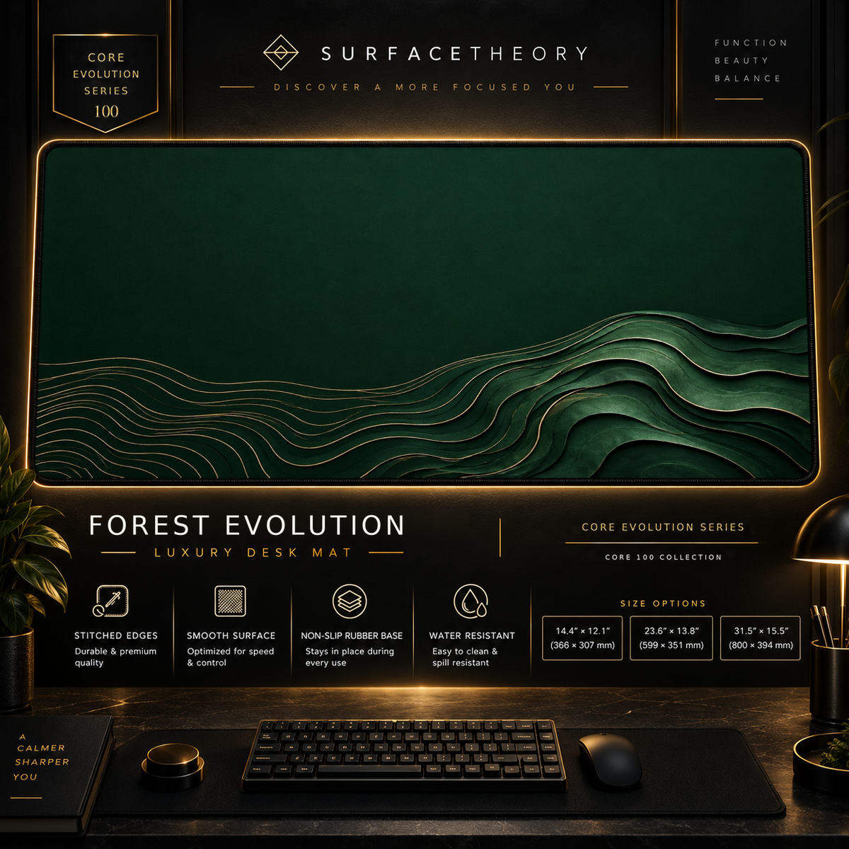 Forest Evolution desk mat in a gold-toned showcase frame above a keyboard.