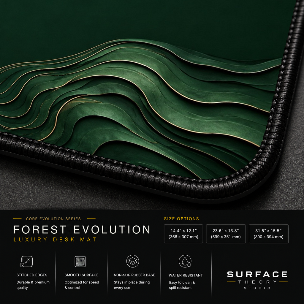 Close-up of Forest Evolution printed artwork and black stitched corner.