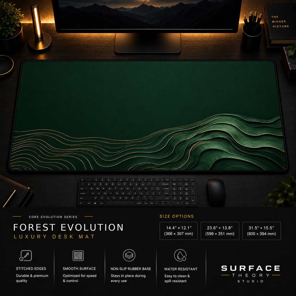 Forest Evolution desk mat in a dark workstation with warm monitor lighting.