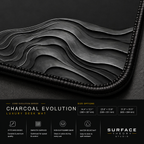 Close-up of Charcoal Evolution printed artwork and black stitched corner.