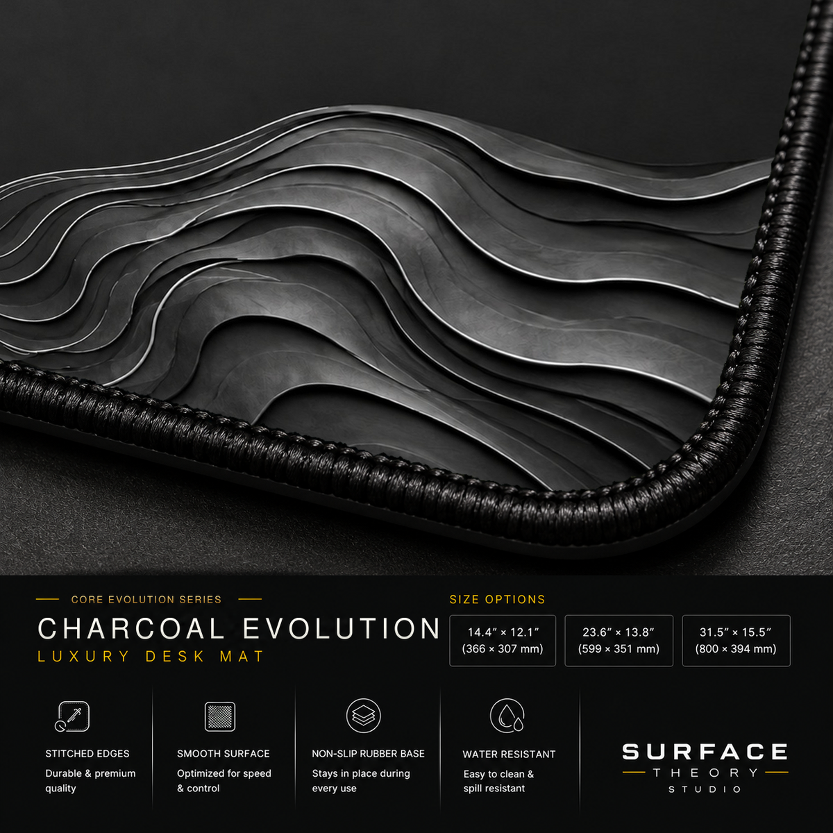 Close-up of Charcoal Evolution printed artwork and black stitched corner.