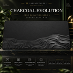 Charcoal Evolution desk mat on a studio display with size and product information.