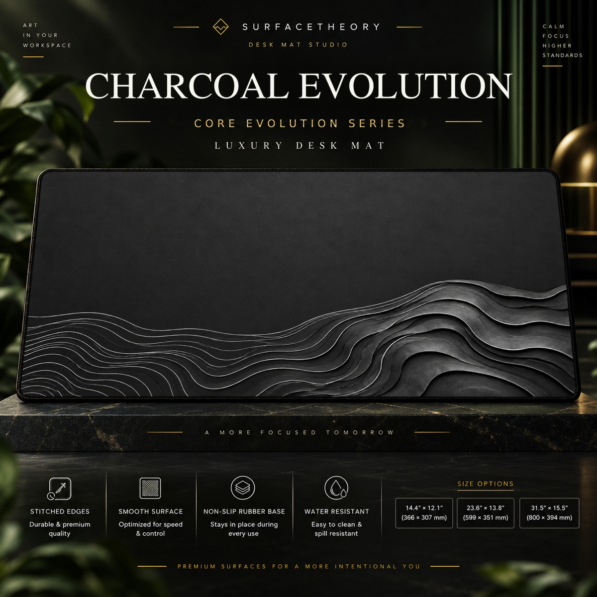 Charcoal Evolution desk mat on a studio display with size and product information.