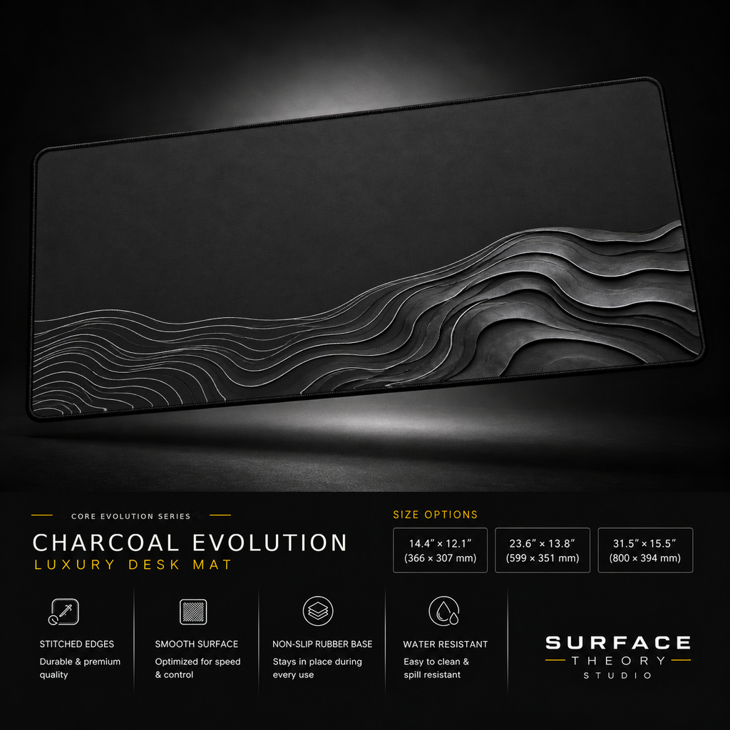 Charcoal Evolution desk mat floating against a dark studio background.