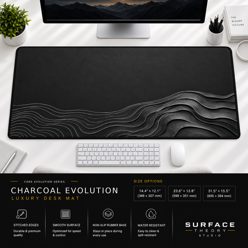 Charcoal Evolution desk mat beneath a monitor on a bright desk with a white keyboard and mouse.
