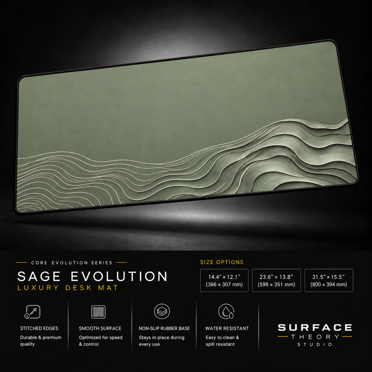 Sage Evolution desk mat floating against a dark studio background.