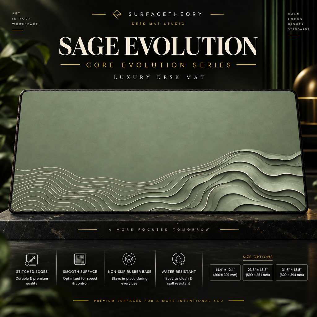 Sage Evolution desk mat on a studio display with size and product information.