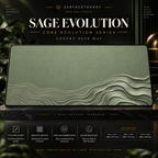 Sage Evolution desk mat on a studio display with size and product information.
