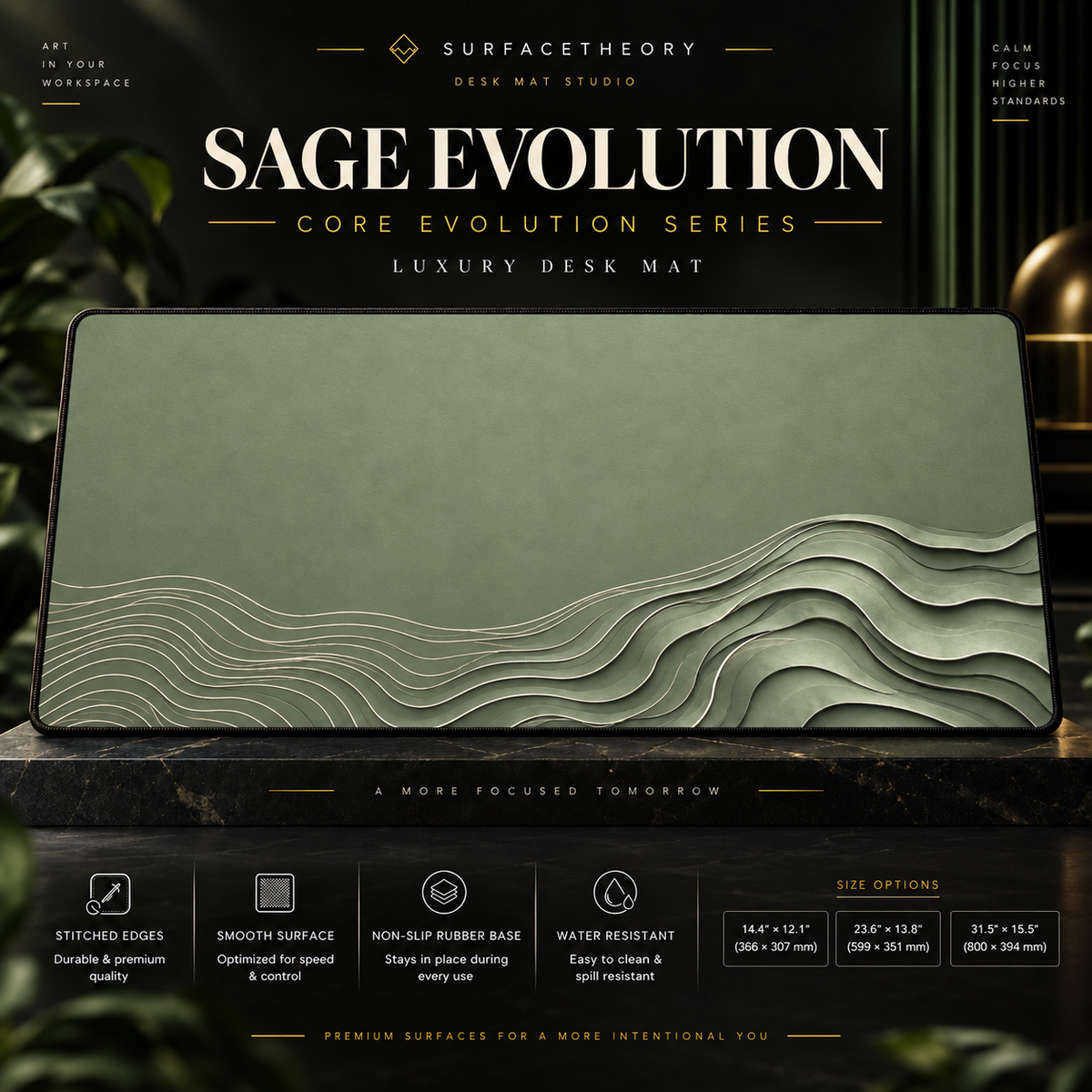 Sage Evolution desk mat on a studio display with size and product information.
