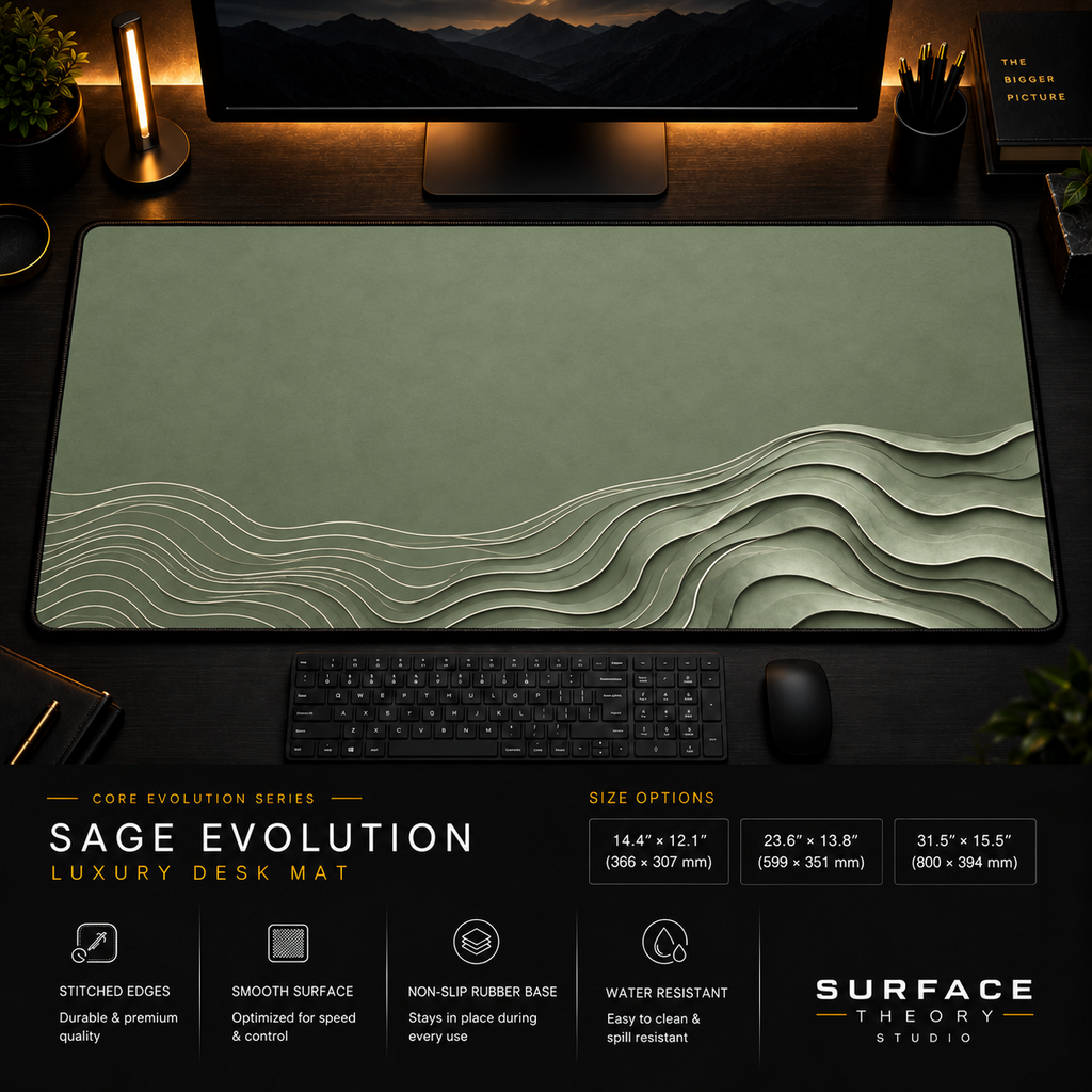 Sage Evolution desk mat in a dark workstation with warm monitor lighting.