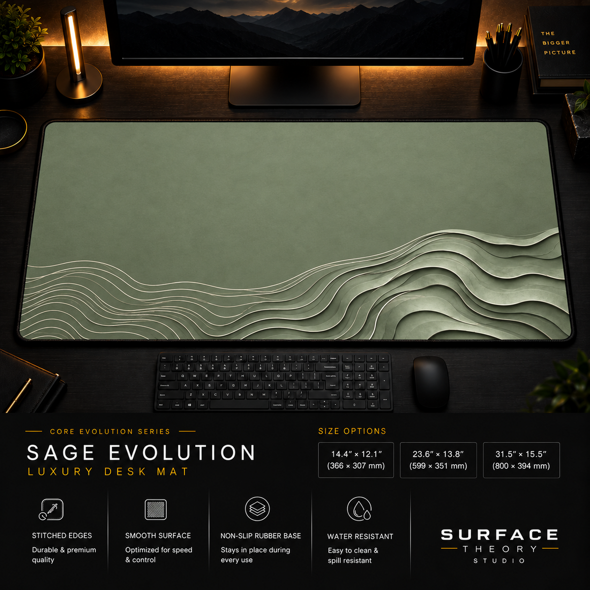 Sage Evolution desk mat in a dark workstation with warm monitor lighting.