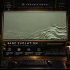 Sage Evolution desk mat in a gold-toned showcase frame above a keyboard.