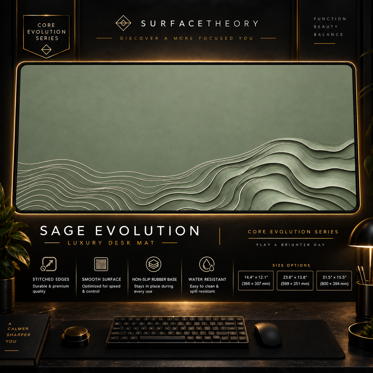 Sage Evolution desk mat in a gold-toned showcase frame above a keyboard.