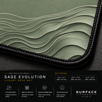 Close-up of Sage Evolution printed artwork and black stitched corner.