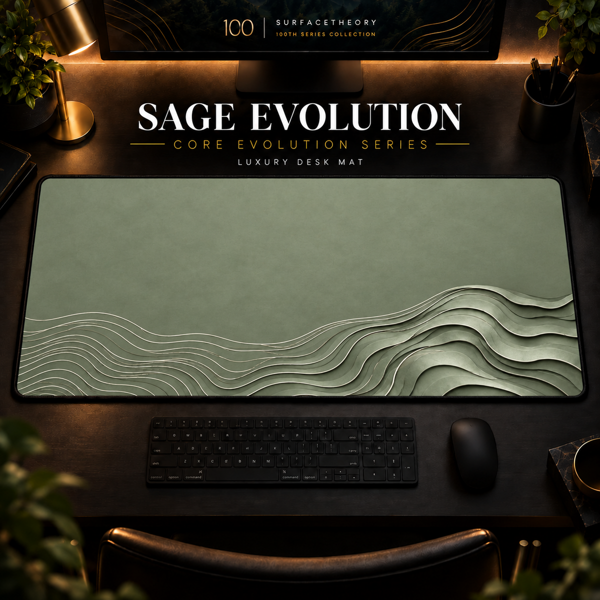 Sage Evolution desk mat, muted sage green with pale cream-green contours widening into layered curves, in a warm, dark workspace.
