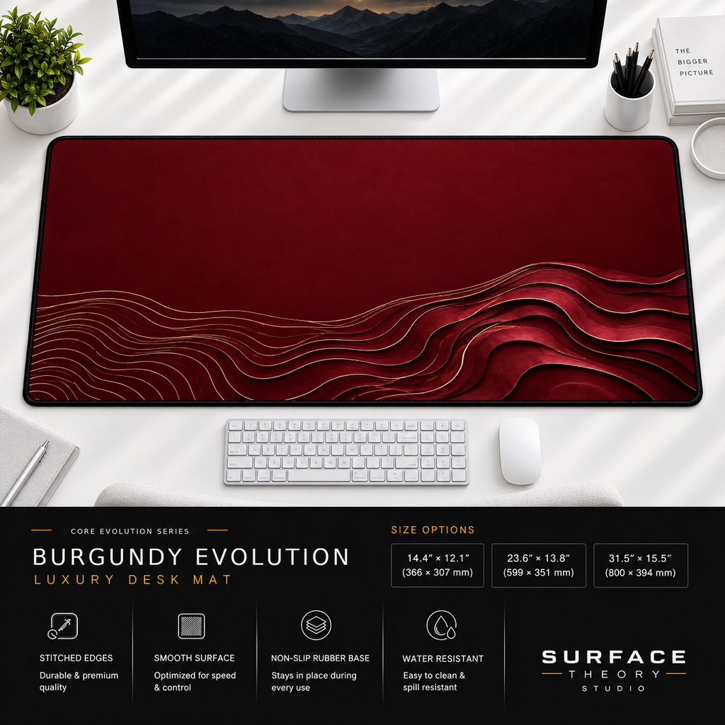Burgundy Evolution desk mat beneath a monitor on a bright desk with a white keyboard and mouse.