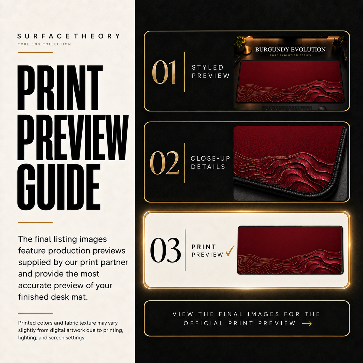 Burgundy Evolution print preview guide showing the styled artwork, close-up and print reference.