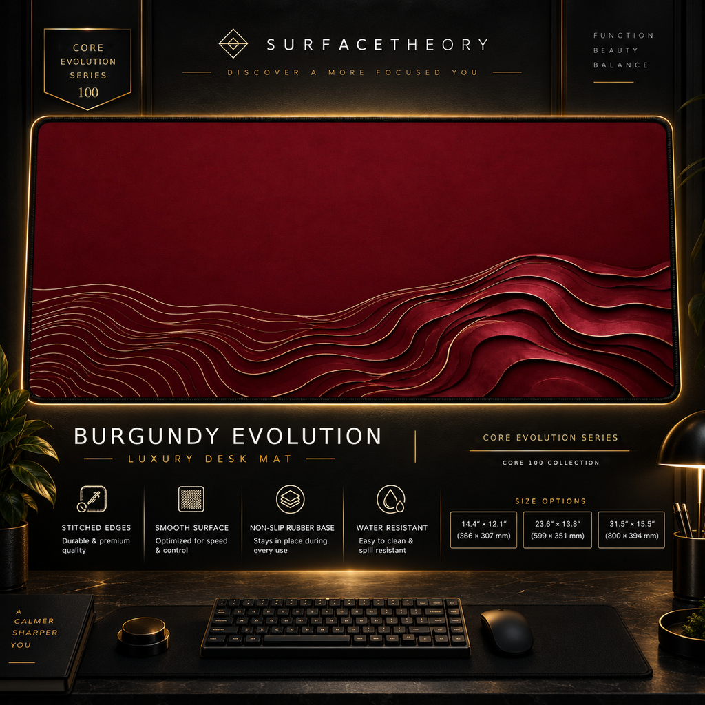Burgundy Evolution desk mat in a gold-toned showcase frame above a keyboard.