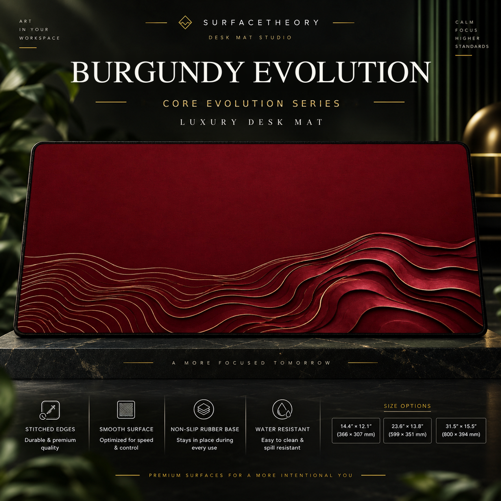 Burgundy Evolution desk mat on a studio display with size and product information.