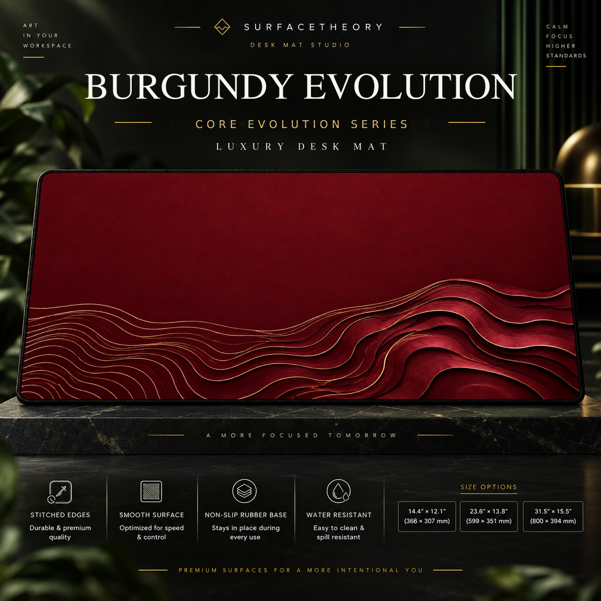 Burgundy Evolution desk mat on a studio display with size and product information.
