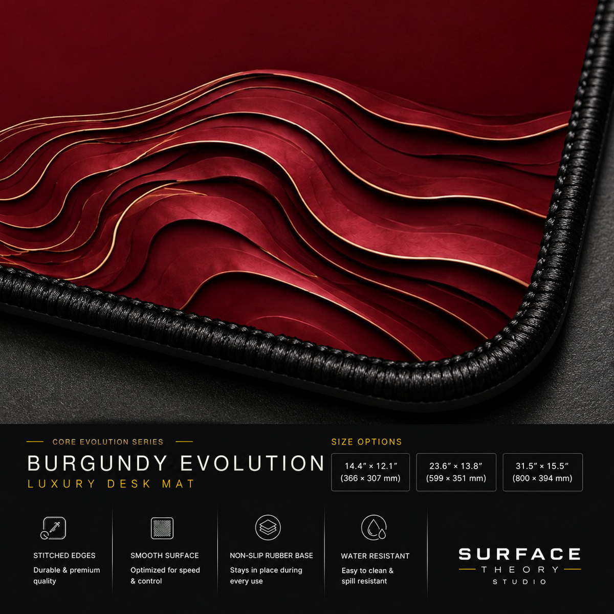Close-up of Burgundy Evolution printed artwork and black stitched corner.