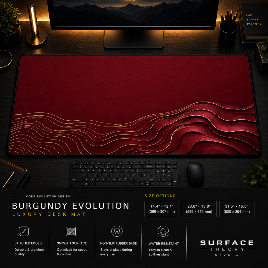Burgundy Evolution desk mat in a dark workstation with warm monitor lighting.