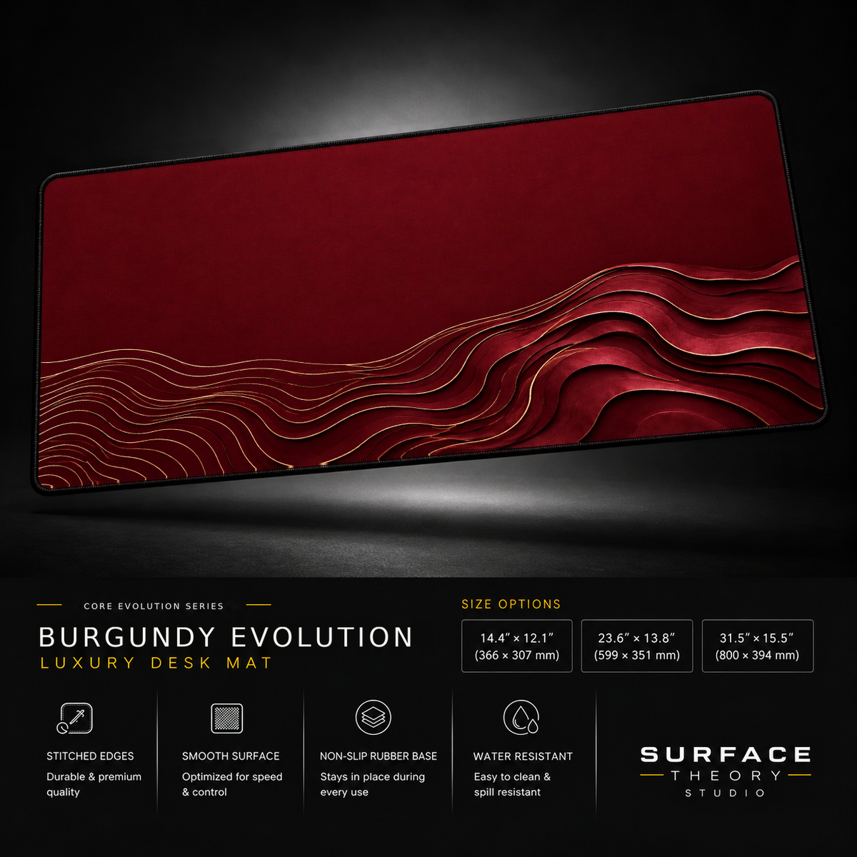 Burgundy Evolution desk mat floating against a dark studio background.