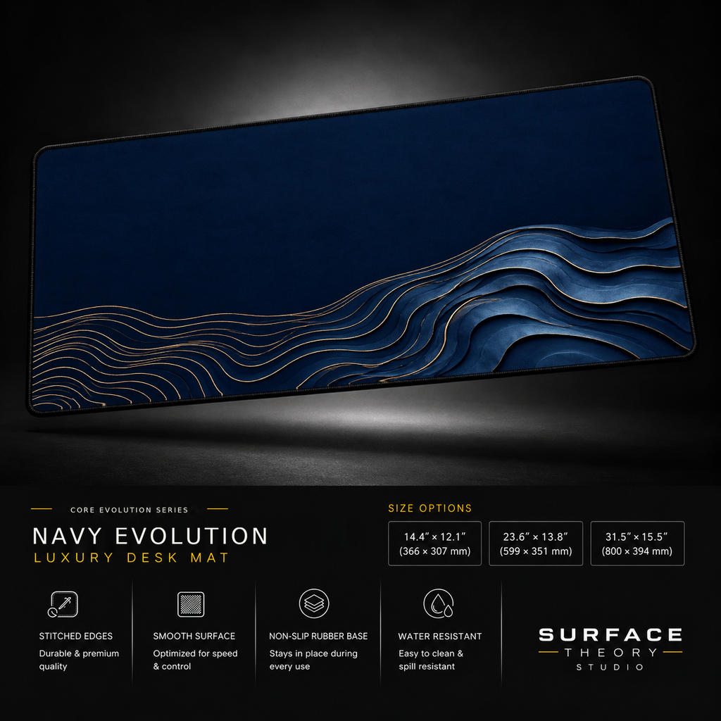 Navy Evolution desk mat floating against a dark studio background.