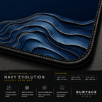 Close-up of Navy Evolution printed artwork and black stitched corner.