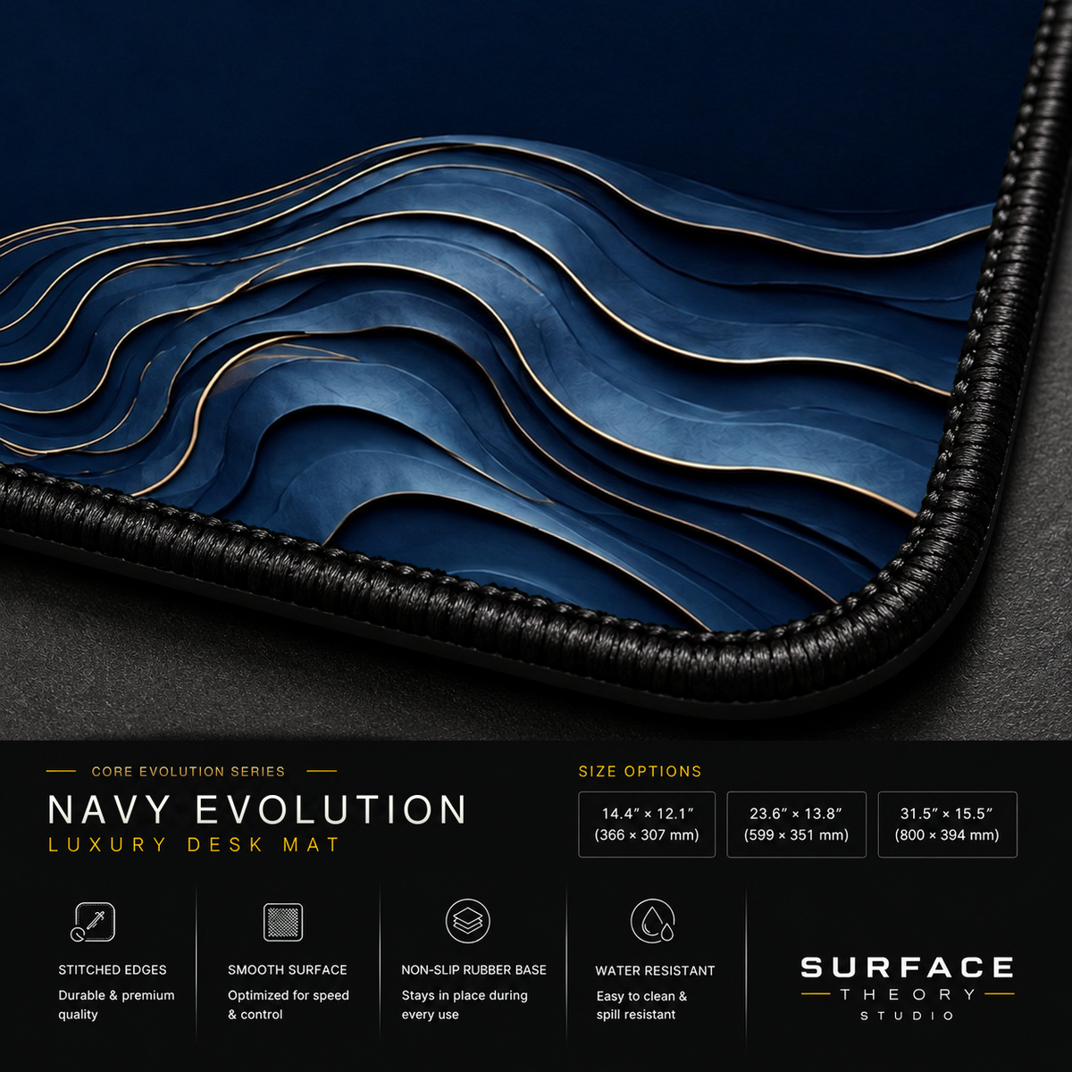Close-up of Navy Evolution printed artwork and black stitched corner.