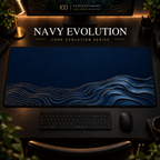 Navy Evolution desk mat, navy blue with gold-toned contours widening into layered curves, in a warm, dark workspace.