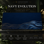 Navy Evolution desk mat on a studio display with size and product information.