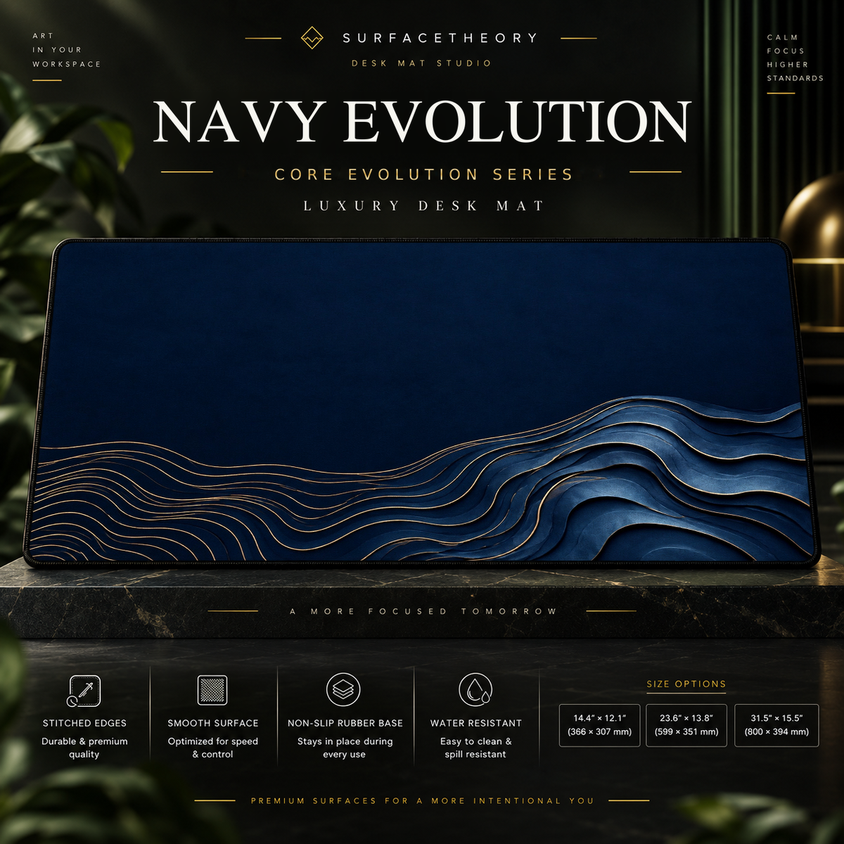Navy Evolution desk mat on a studio display with size and product information.