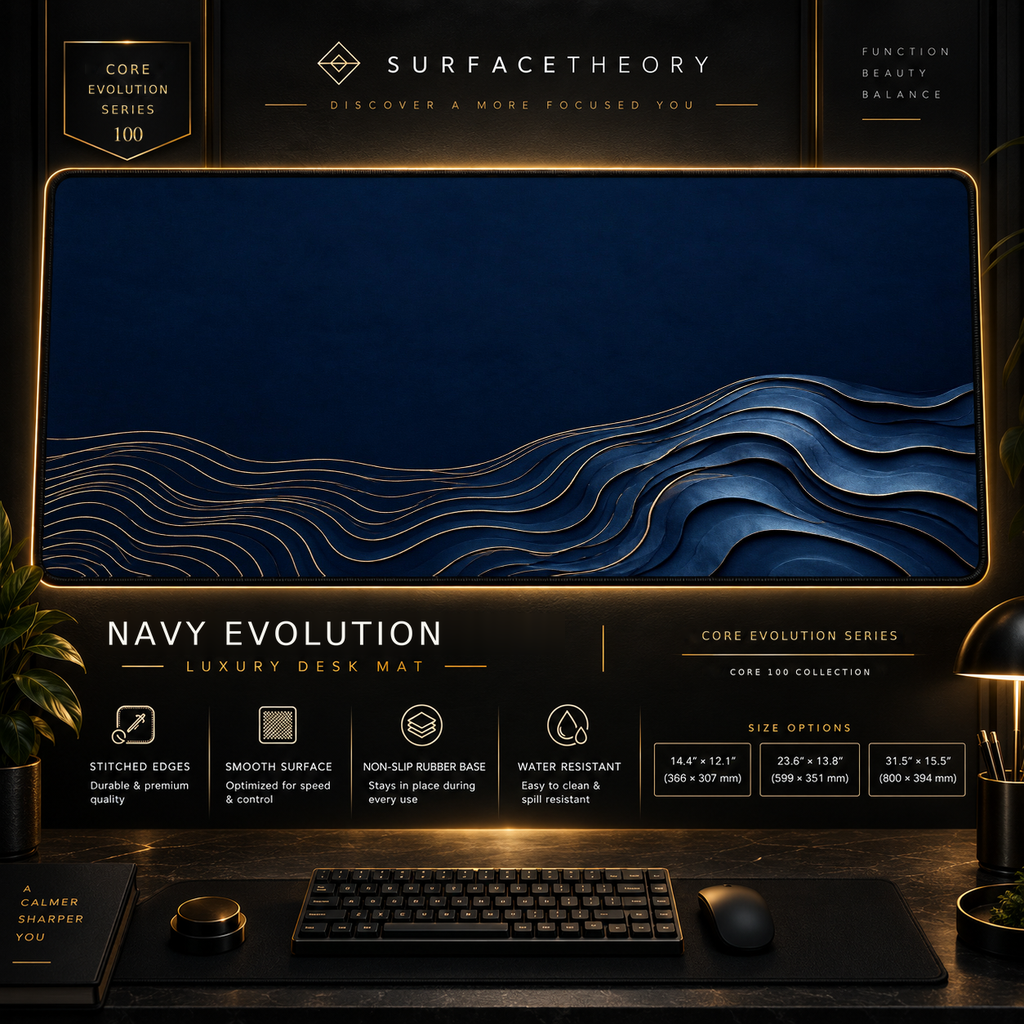 Navy Evolution desk mat in a gold-toned showcase frame above a keyboard.