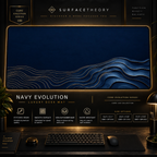 Navy Evolution desk mat in a gold-toned showcase frame above a keyboard.