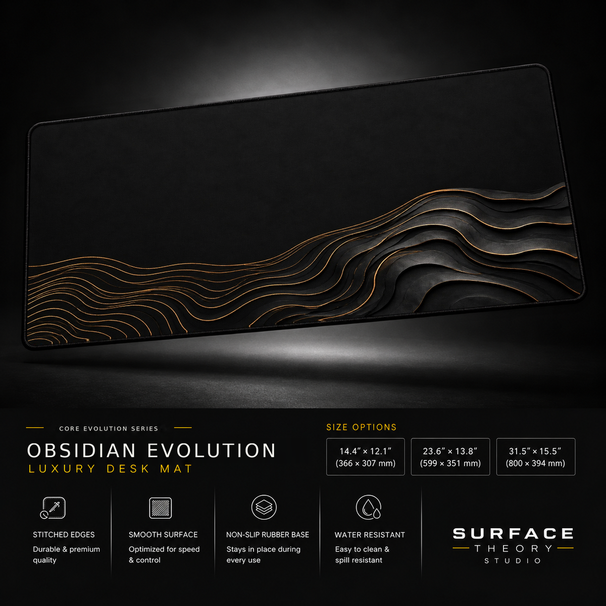 Obsidian Evolution desk mat floating against a dark studio background.