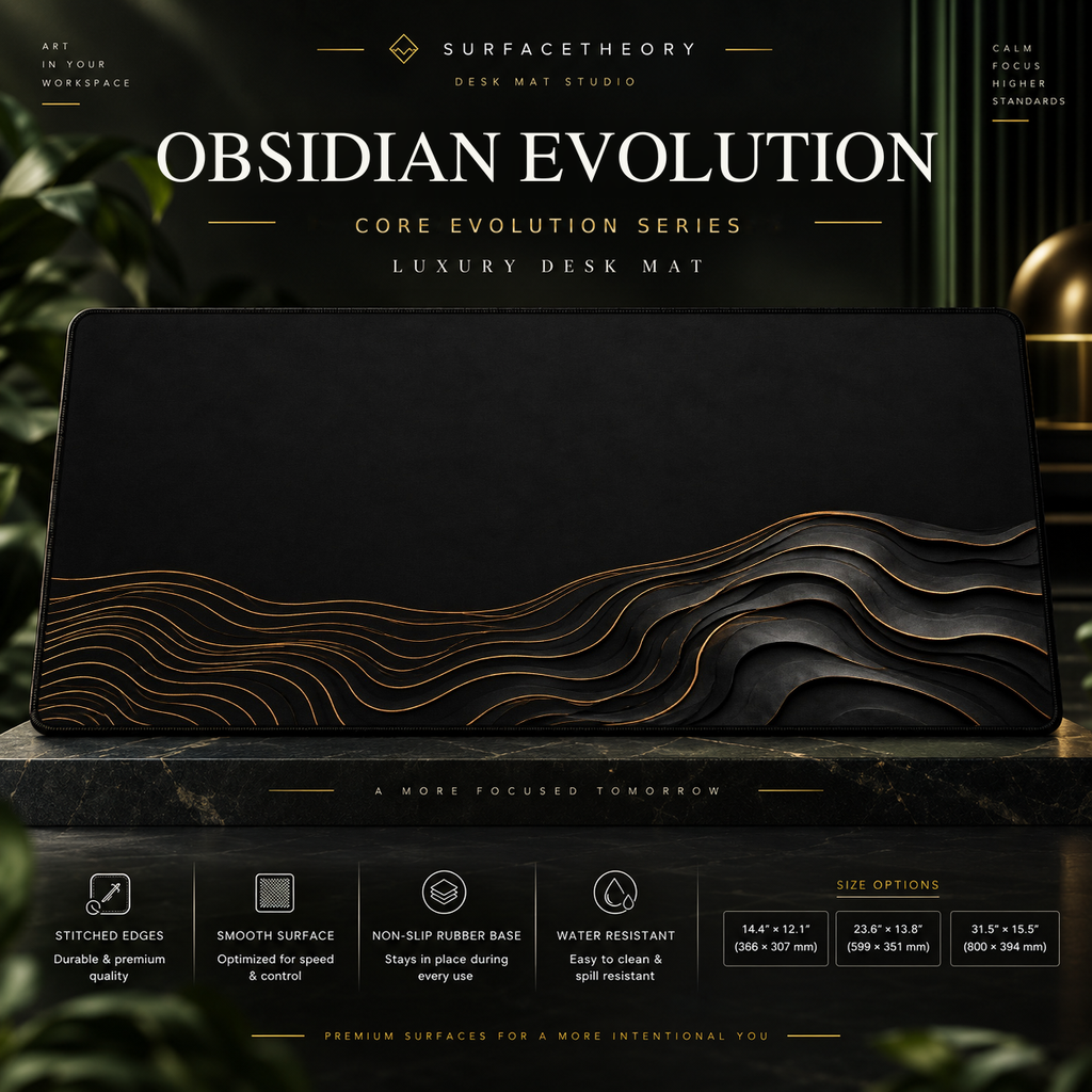 Obsidian Evolution desk mat on a studio display with size and product information.